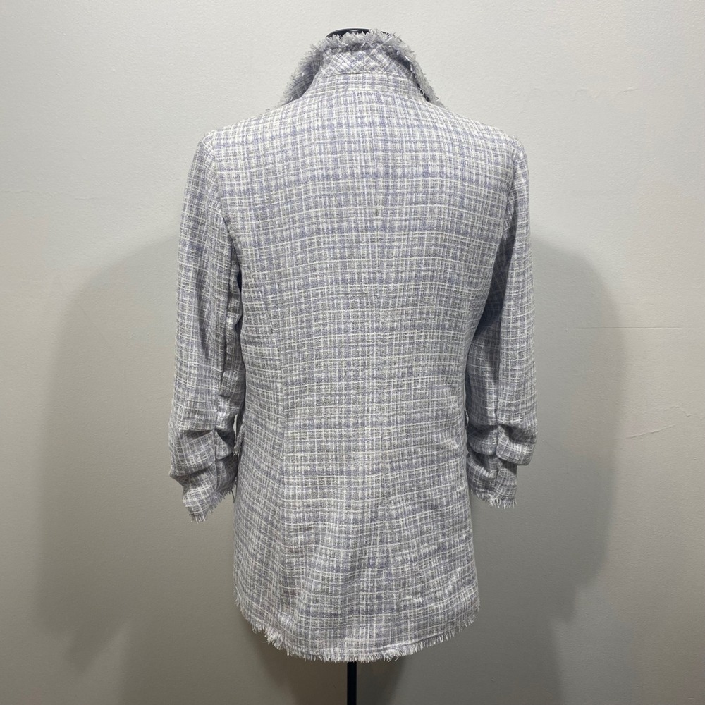 Maison d'Amélie Paris Blazer Size 6 Blue White Tweed Frayed Ruched Sleeve Chic - Picture 2 of 8